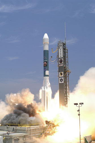 The Delta II rocket with its Mars Exploration Rover (MER-A) payload lifts off in 2003 (NASA)